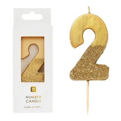 Zahlenkerze 2 mit Gold und Goldglitzer
