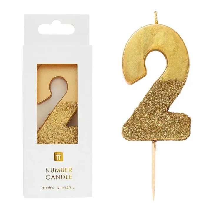 Candela numero 2 con glitter oro e oro