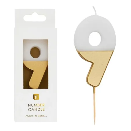 Number candle 9 with white and gold
