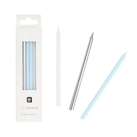 Candles blue, silver and white 10 cm, 16 pieces