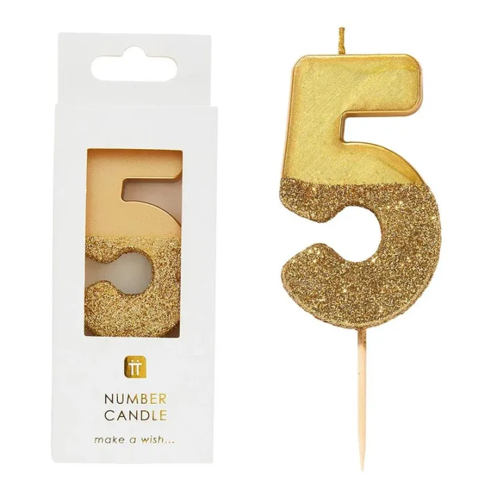 Candela numero 5 con glitter oro e oro