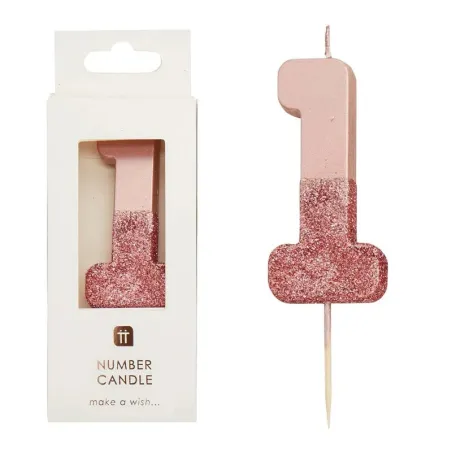 Bougie numéro 1 avec or rose et paillettes roses