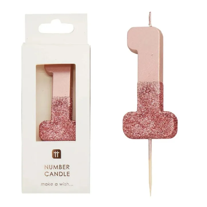 Candela numero 1 con oro rosa e glitter rosa