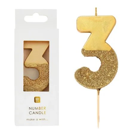 Candela numero 3 con glitter oro e oro