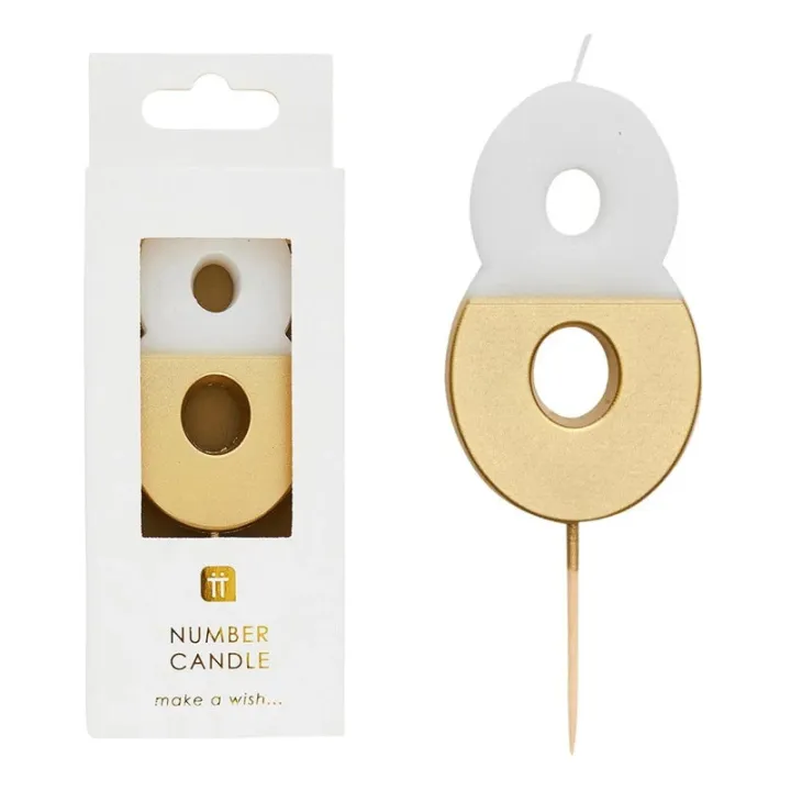 Number candle 8 with white and gold