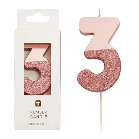 Candela numero 3 con oro rosa e glitter rosa