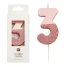 Candela numero 3 con oro rosa e glitter rosa