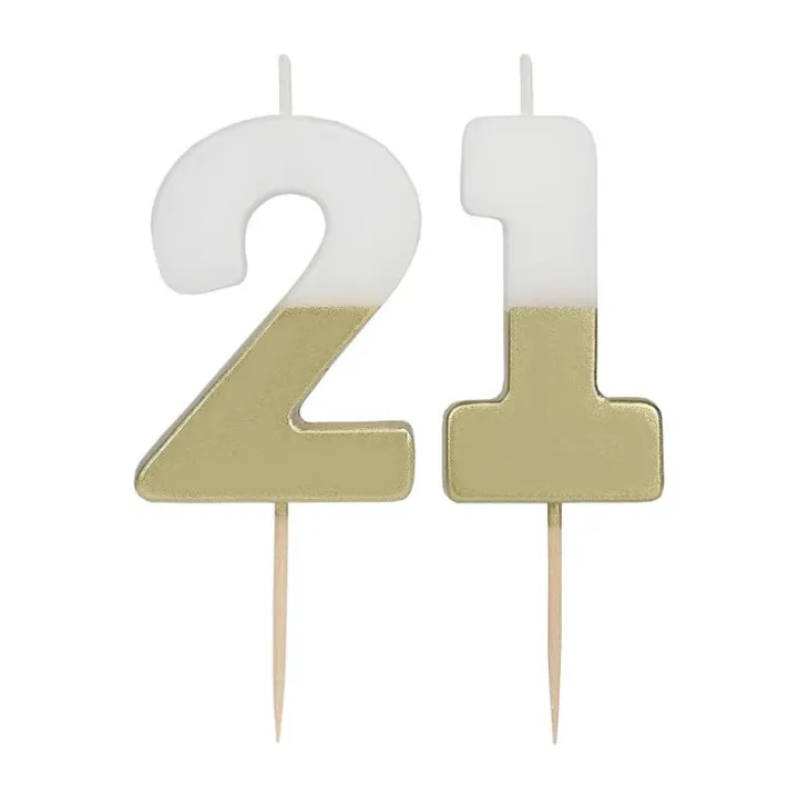 Zahlenkerze 21 mit Weiss und Gold