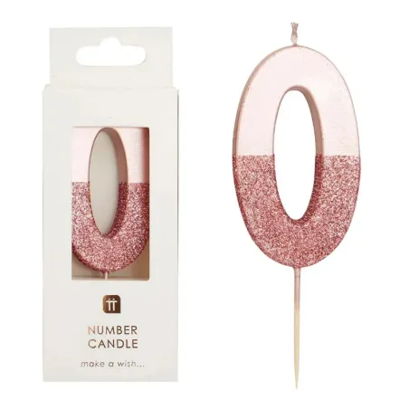 Candela numero 0 con oro rosa e glitter rosa