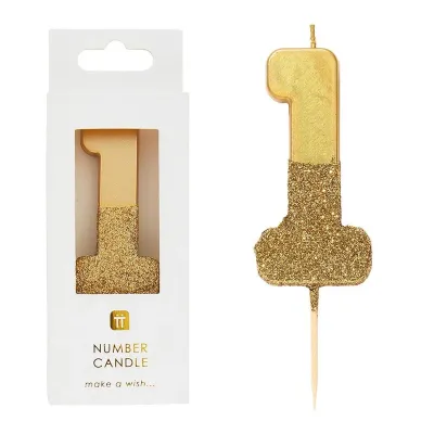 Zahlenkerze 1 mit Gold und Goldglitzer