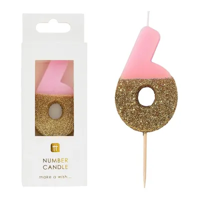 Zahlenkerze 6 mit Rosa und Gold