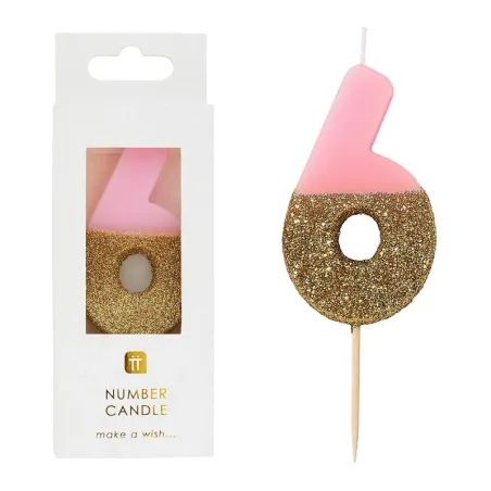 Candela numero 6 con rosa e oro