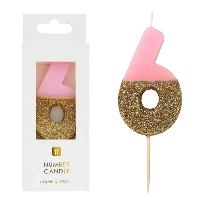 Candela numero 6 con rosa e oro