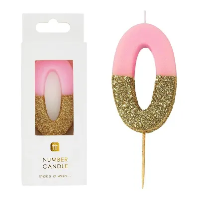 Zahlenkerze 0 mit Rosa und Gold