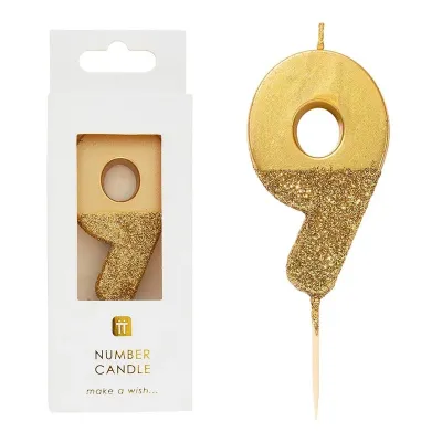 Zahlenkerze 9 mit Gold und Goldglitzer