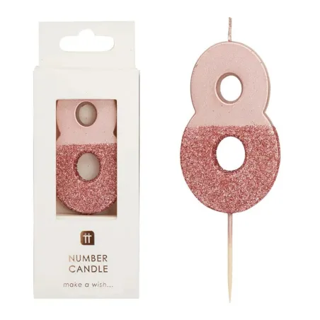 Candela numero 8 con oro rosa e glitter rosa