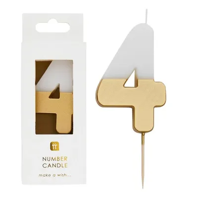 Zahlenkerze 4 mit Weiss und Gold