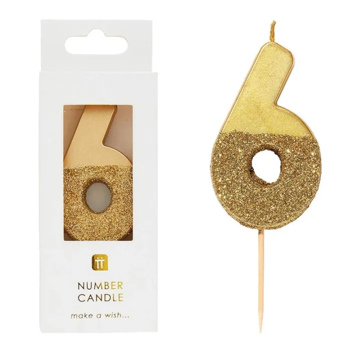Zahlenkerze 6 mit Gold und Goldglitzer