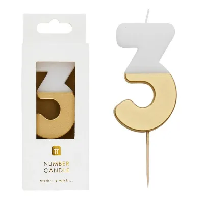 Zahlenkerze 3 mit Weiss und Gold