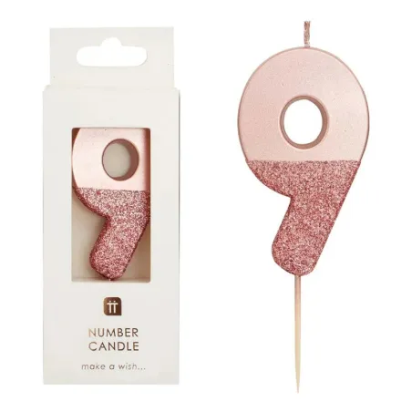 Candela numero 9 con oro rosa e glitter rosa