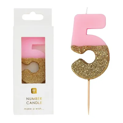 Zahlenkerze 5 mit Rosa und Gold