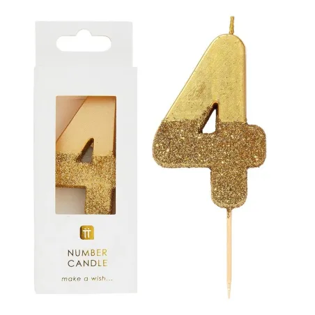 Candela numero 4 con glitter oro e oro