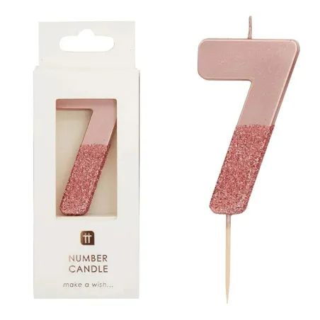 Candela numero 7 con oro rosa e glitter rosa