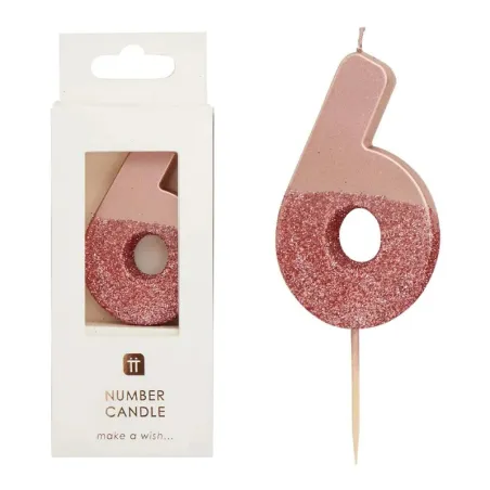 Bougie numéro 6 avec or rose et paillettes roses