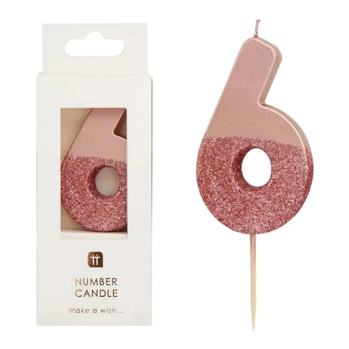 Candela numero 6 con oro rosa e glitter rosa