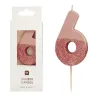 Candela numero 6 con oro rosa e glitter rosa