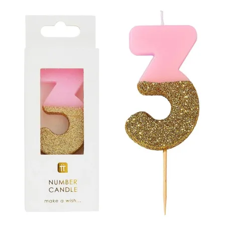 Bougie numéro 3 avec rose et or