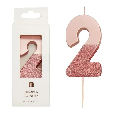 Zahlenkerze 2 mit Rose-Gold und Rosaglitzer