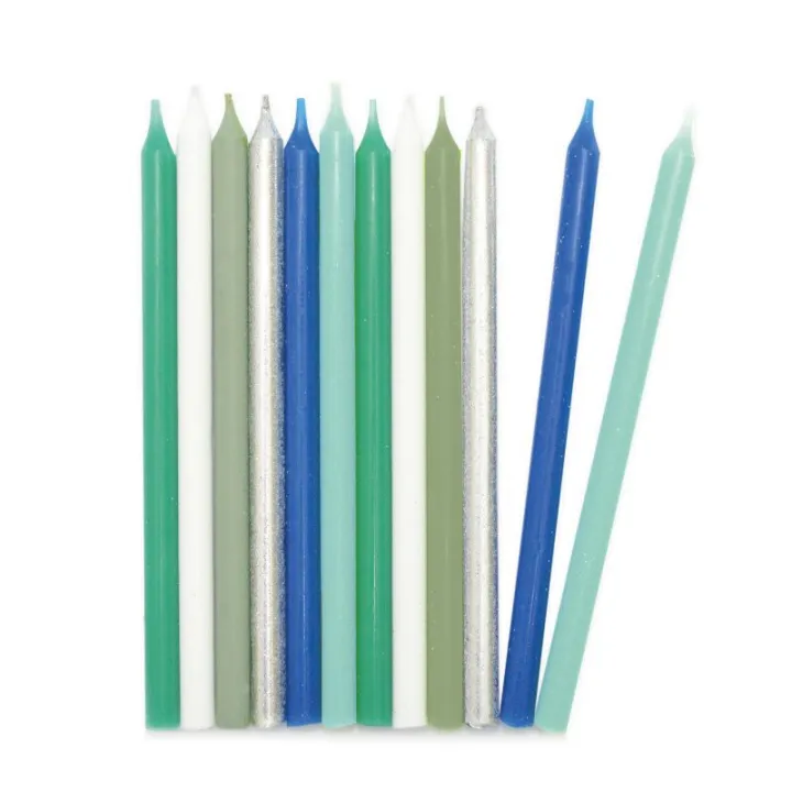 Candele argento, blu e verdi, 12 pezzi