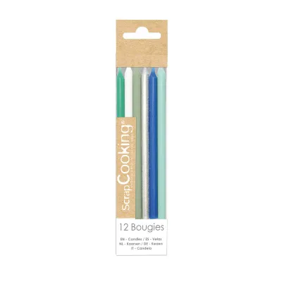 Candele argento, blu e verdi, 12 pezzi
