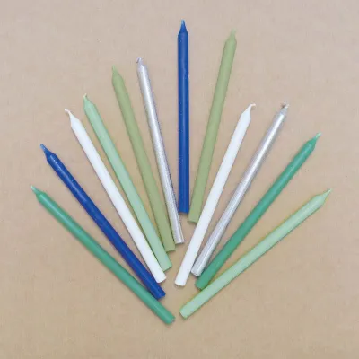 Bougies argentées, bleues & vertes, 12 pièces