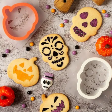 Set d'emporte-pièces Halloween, citrouille & tête de mort avec pochoir
