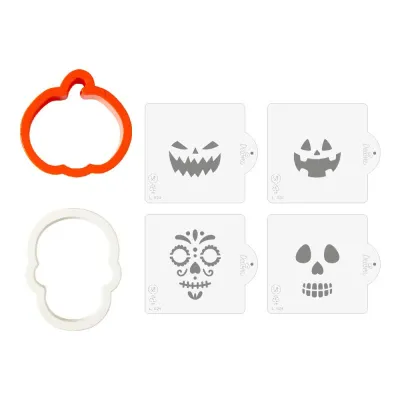 Set d'emporte-pièces Halloween, citrouille & tête de mort avec pochoir