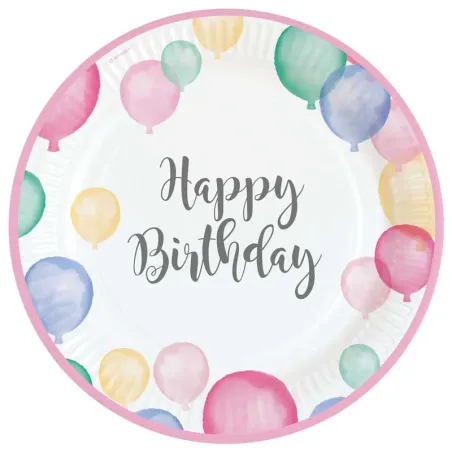 Assiette en carton Joyeux anniversaire Ballon Ø 23 cm, 8 pièces