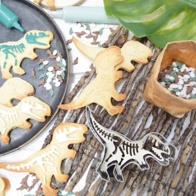 Dinosaur cookie cutter with wooden embosser