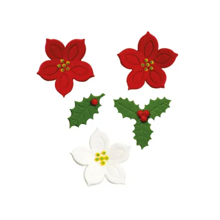 Poinsettia & holly sugar decorations, 7 pieces