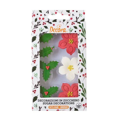 Decorazioni di zucchero con poinsettia e agrifoglio, 7 pezzi