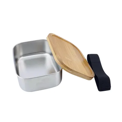 Scatola per il pranzo in acciaio inox con coperchio in bambù, 165 x 120 x 56 mm