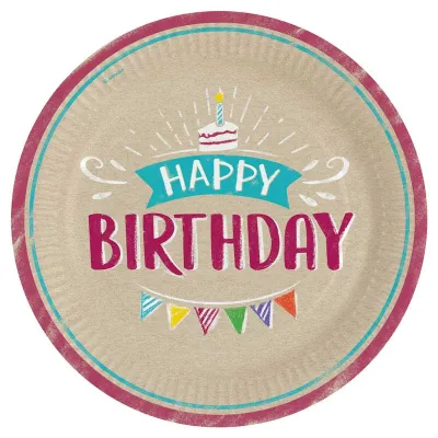 Pappteller Happy Birthday Natur Ø 23 cm, 8 Stück