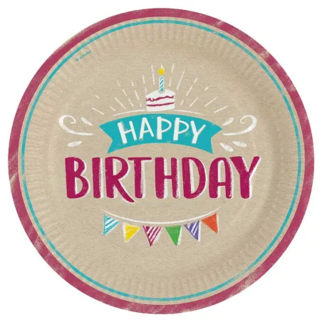 Paper plate Happy Birthday natural Ø 23 cm, 8 pieces