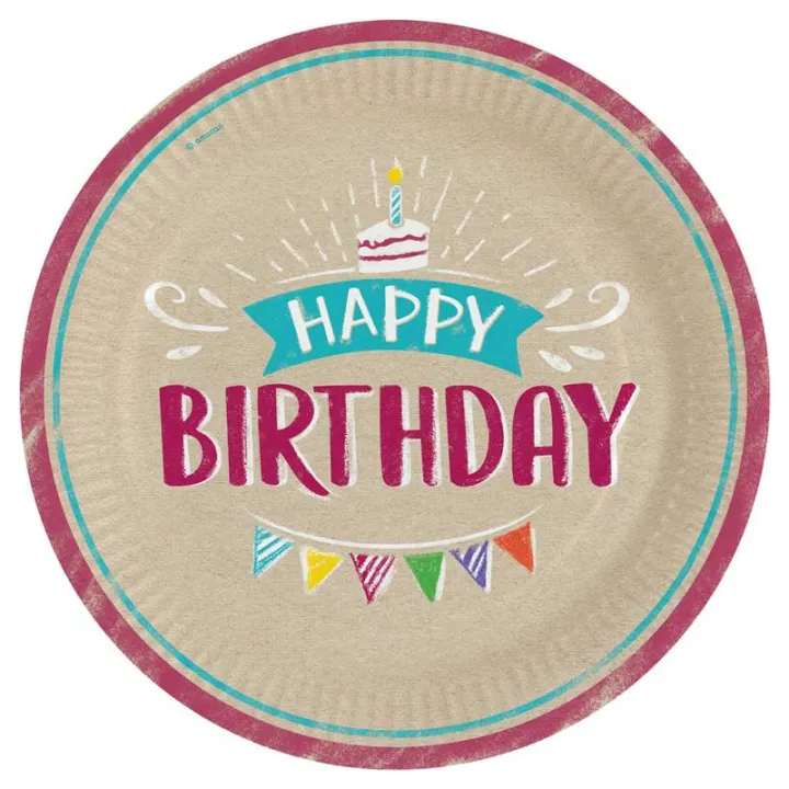 Paper plate Happy Birthday natural Ø 23 cm, 8 pieces