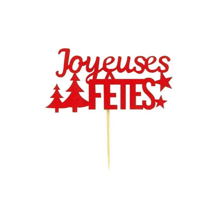 Cake Topper Holz rot, Joyeuses Fêtes, 2 Stück für edle Desserts
