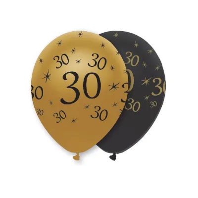 Ballon Zahl 30 Schwarz/Gold, 6 Stück