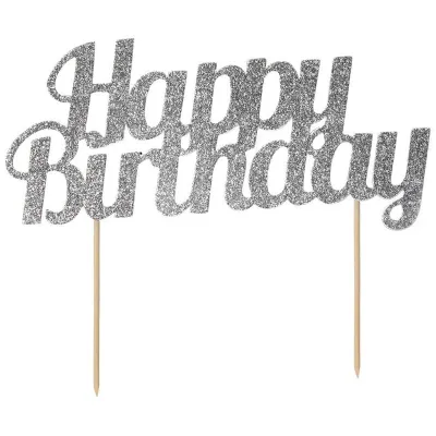 Happy Birthday Cake Topper Silber