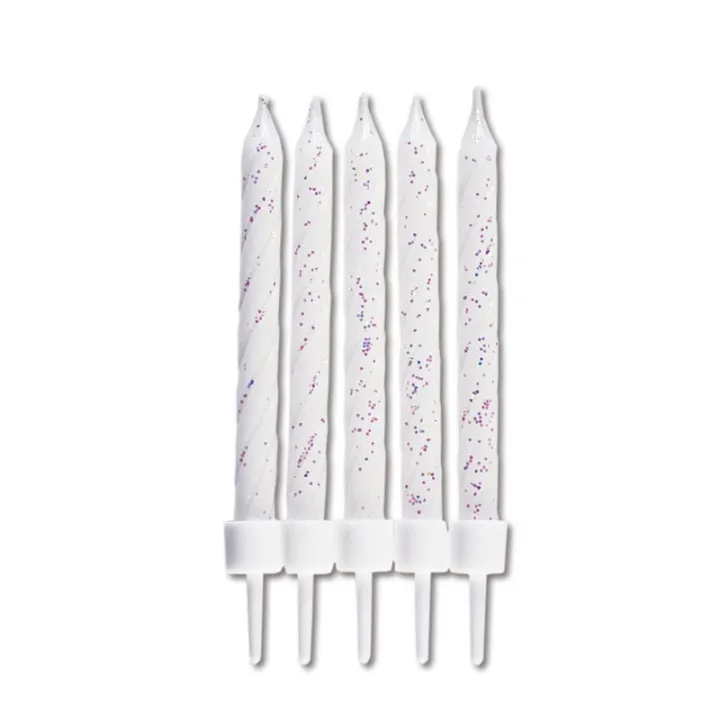 Candles white with glitter, 10 pieces