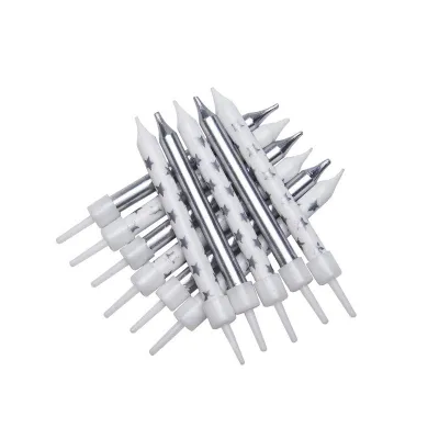 Metallic Kerzen Silber / Weiss mit Sternen, 12 Stück
